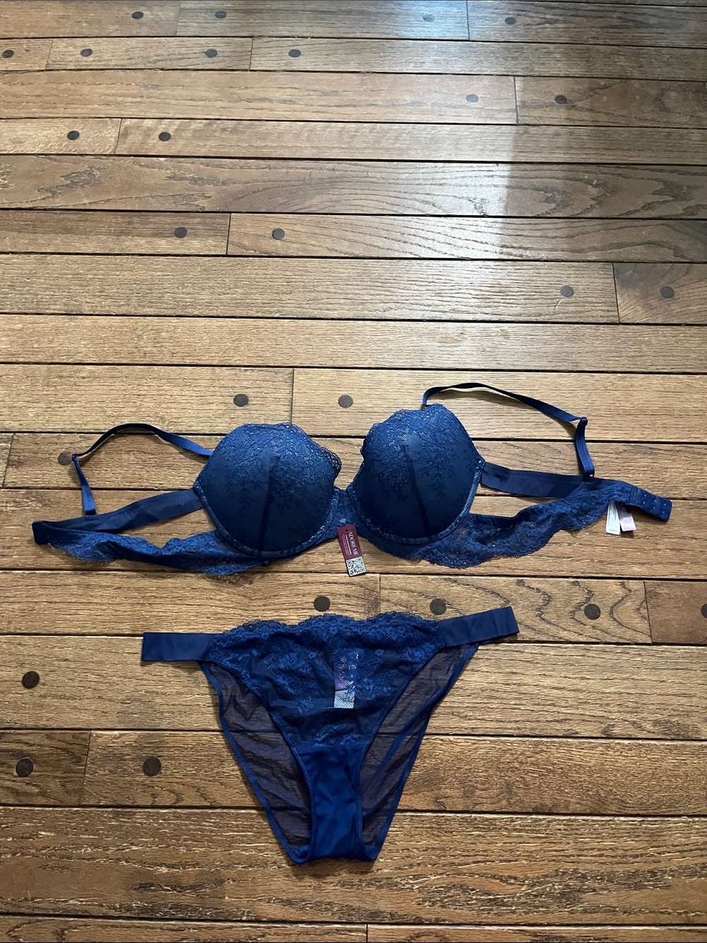 Adore Me Navy Lace Push-Up Bra & Bikini Set